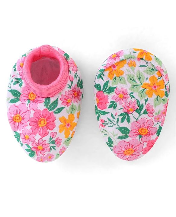 Babyhug 100% Cotton Knti Cap Mittens & Booties Set Floral Print with Bow Applique -Pink