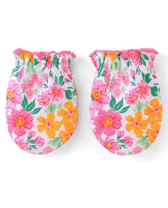 Babyhug 100% Cotton Knti Cap Mittens & Booties Set Floral Print with Bow Applique -Pink