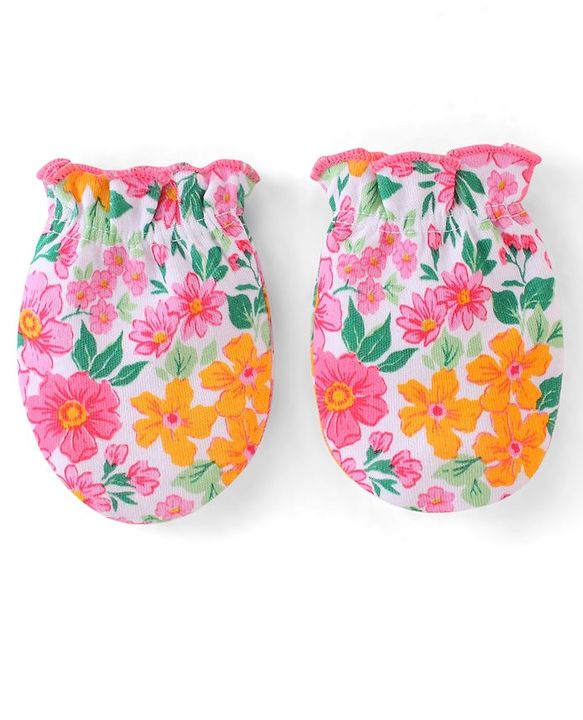 Babyhug 100% Cotton Knti Cap Mittens & Booties Set Floral Print with Bow Applique -Pink