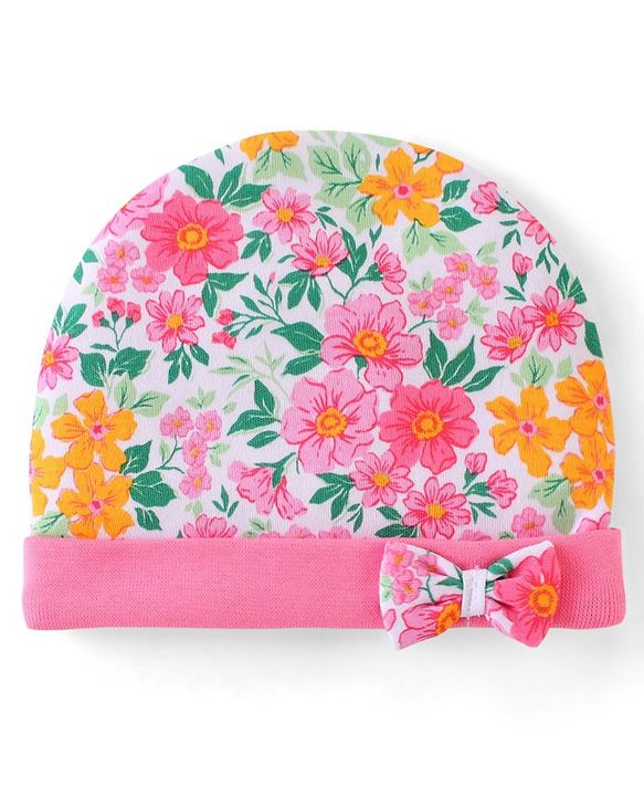 Babyhug 100% Cotton Knti Cap Mittens & Booties Set Floral Print with Bow Applique -Pink
