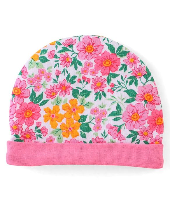 Babyhug 100% Cotton Knti Cap Mittens & Booties Set Floral Print with Bow Applique -Pink