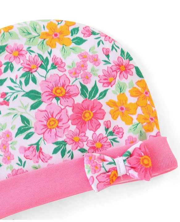 Babyhug 100% Cotton Knti Cap Mittens & Booties Set Floral Print with Bow Applique -Pink