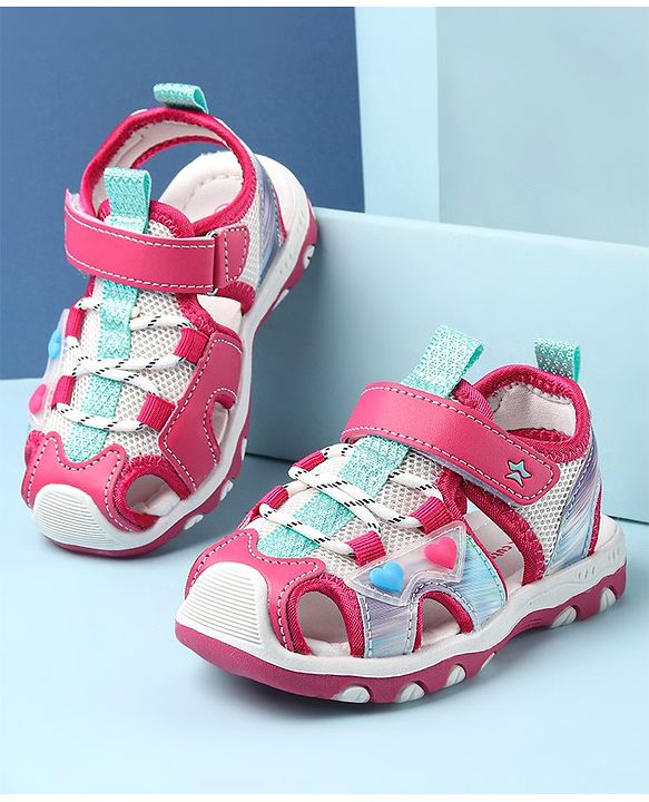 Cute Walk by Babyhug Sandals with Velcro and Heart Applique - Fuchsia