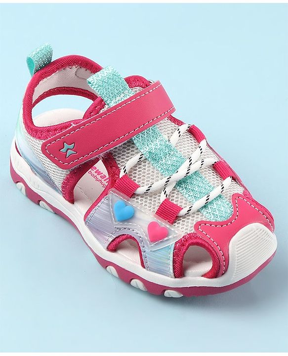 Cute Walk by Babyhug Sandals with Velcro and Heart Applique - Fuchsia