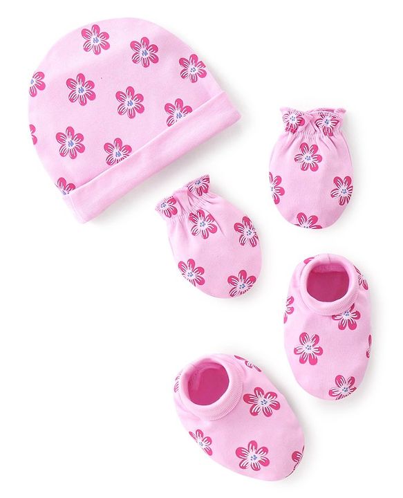Babyhug 100% Cotton Knit Cap Mittens & Booties Set Floral Print- Pink