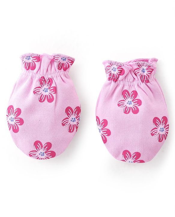 Babyhug 100% Cotton Knit Cap Mittens & Booties Set Floral Print- Pink