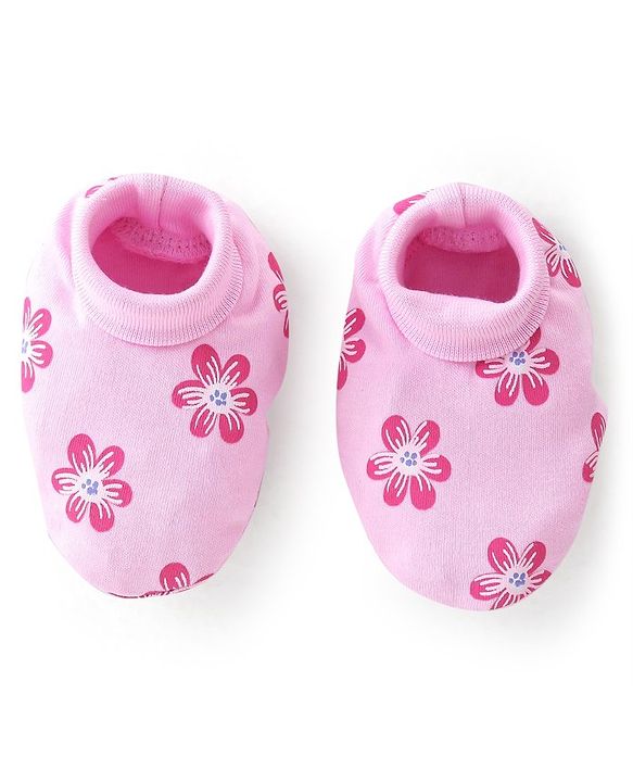 Babyhug 100% Cotton Knit Cap Mittens & Booties Set Floral Print- Pink
