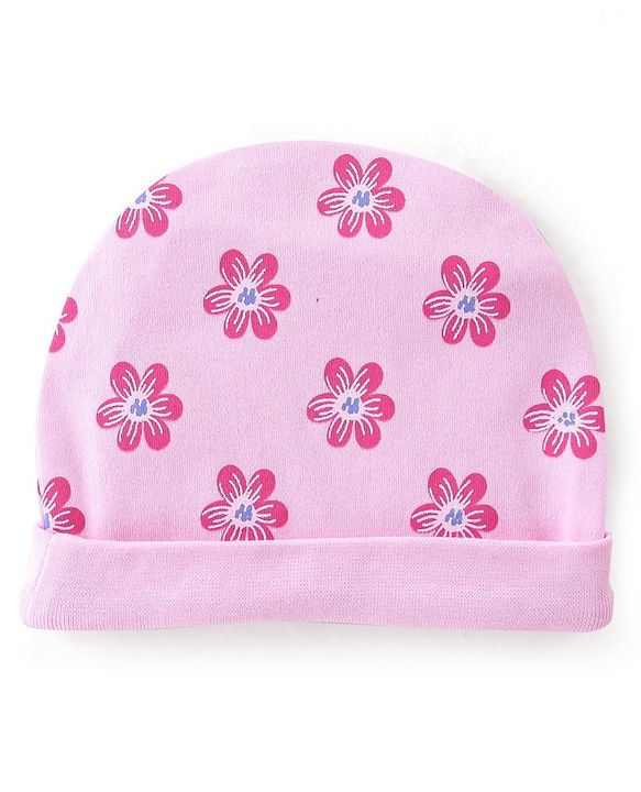 Babyhug 100% Cotton Knit Cap Mittens & Booties Set Floral Print- Pink