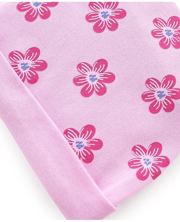Babyhug 100% Cotton Knit Cap Mittens & Booties Set Floral Print- Pink