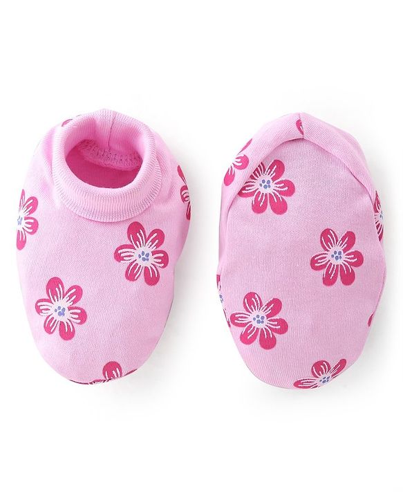 Babyhug 100% Cotton Knit Cap Mittens & Booties Set Floral Print- Pink