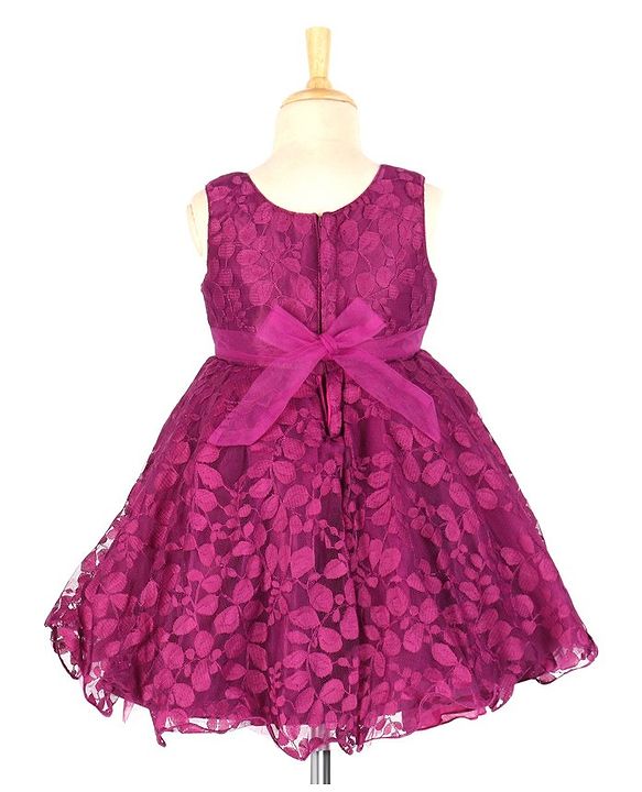 Babyhug  Sleeveless Party  Frock with Leaf Detailing & Bow Applique - Purple