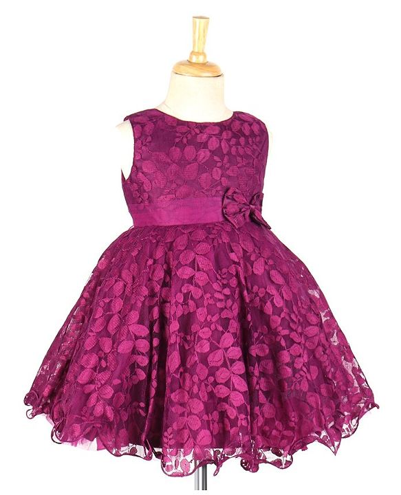 Babyhug  Sleeveless Party  Frock with Leaf Detailing & Bow Applique - Purple