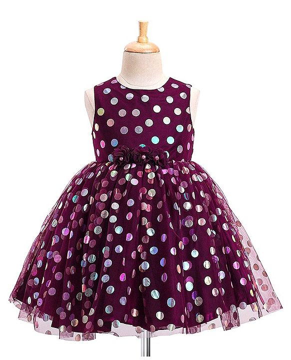Babyhug Woven Sleeveless Party Frock Polka Dot Foil Print - Wine Maroon