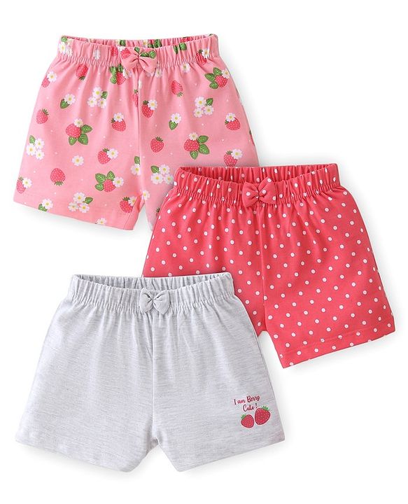 Babyhug Cotton Knit Polka Dots & Berries Printed Shorts Pack of 3 - Pink & Grey