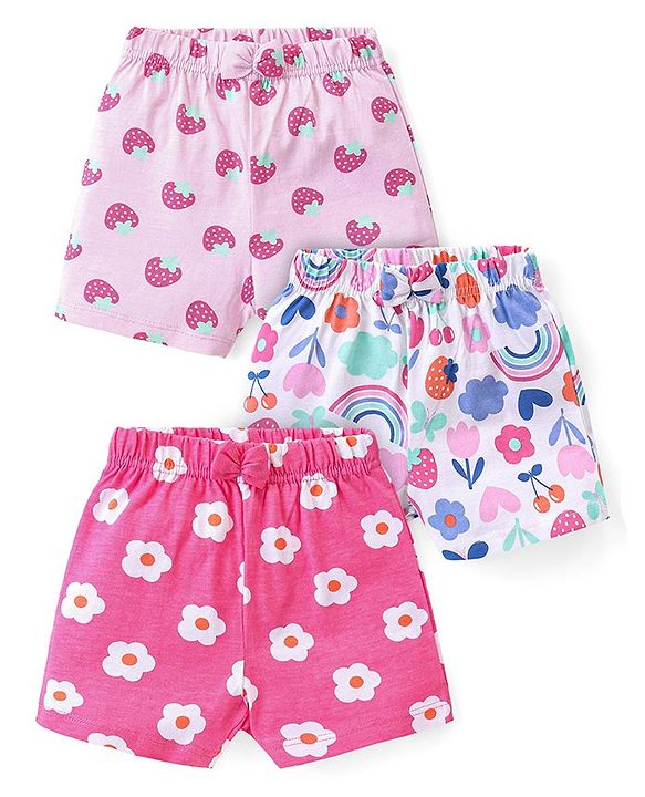 Babyhug Cotton Knit Shorts with Strawberry & Floral Print Bow Applique Pack of 3 -  Multicolour