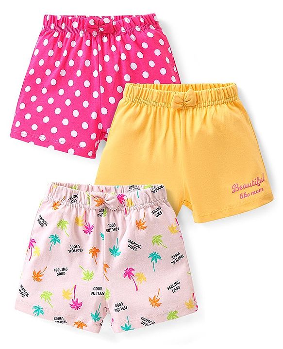 Babyhug Cotton Single Jersey Knit Shorts Polka Dot & Palm Tree Print Pack of 3 - Pink Peach & Yellow