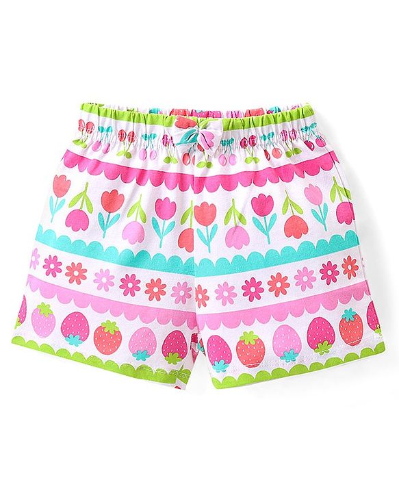 Babyhug Cotton Knit   Shorts Floral & Strawberry Print  Bow Applique Pack of 3 -  Multicolour