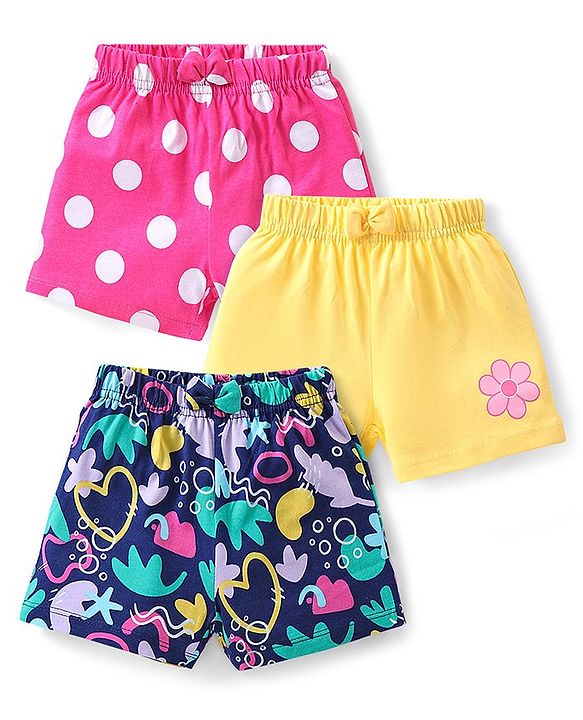 Babyhug Cotton Knit Shorts With Polka Dot Print & Bow Applique Pack of 3 - Multicolor