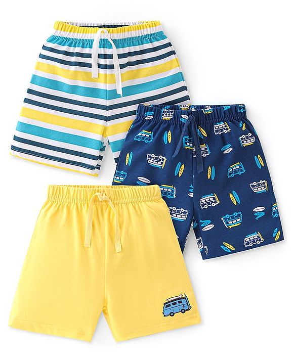 Babyhug Cotton Knit Shorts Beach Print Pack of 3 - Yellow Blue & Green