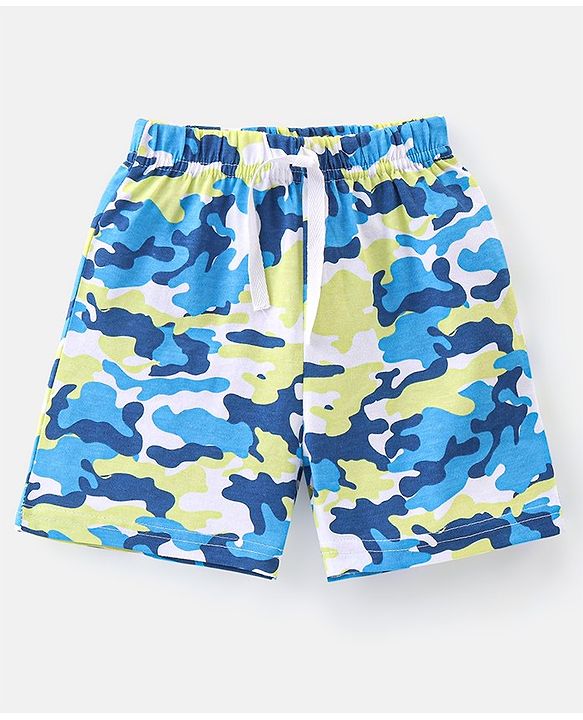 Babyhug Cotton Single Jersey Knit Shorts Striped & Camouflage Print Pack Of 3 - Blue White & Green