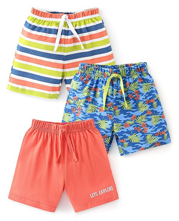 Babyhug Cotton Knit Knee Length Striped Shorts Tropical Camo Print Pack of 3 - Multicolour