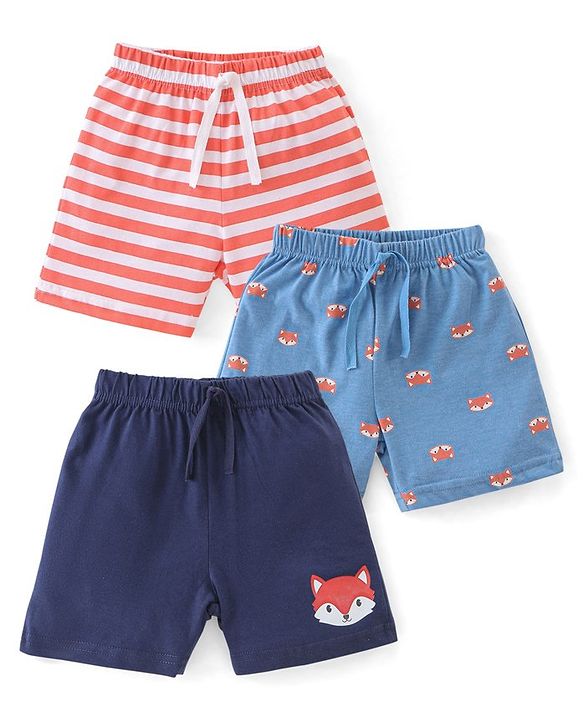 Babyhug Cotton Single Jersey Knit Shorts Stripes & Fox Print Pack Of 3 - Blue White & Orange