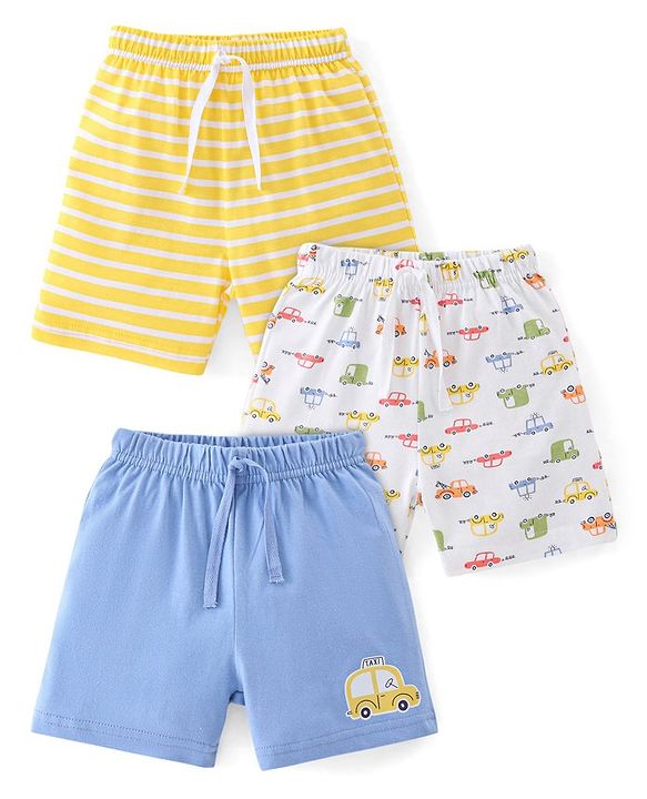 Babyhug Cotton Knit Shorts Stripes & Cars Print - Blue White & Yellow