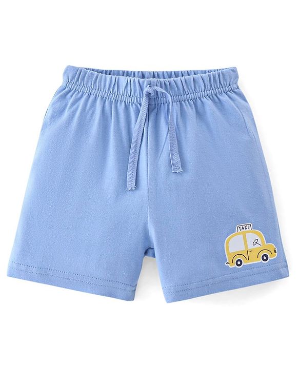 Babyhug Cotton Knit Shorts Stripes & Cars Print - Blue White & Yellow