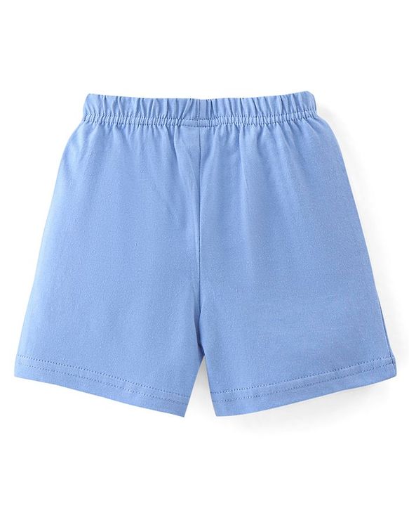 Babyhug Cotton Knit Shorts Stripes & Cars Print - Blue White & Yellow