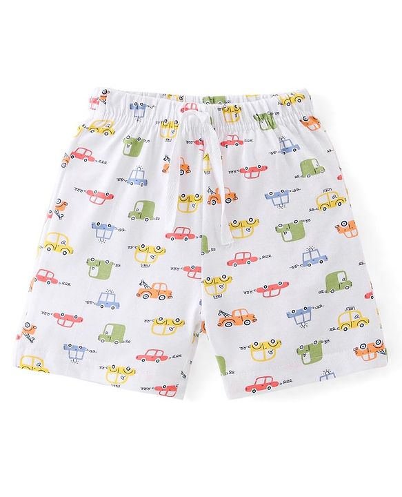 Babyhug Cotton Knit Shorts Stripes & Cars Print - Blue White & Yellow
