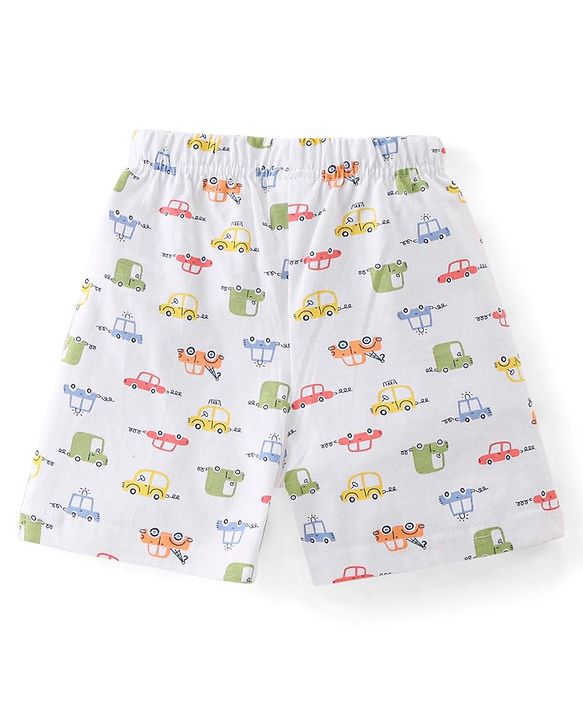 Babyhug Cotton Knit Shorts Stripes & Cars Print - Blue White & Yellow