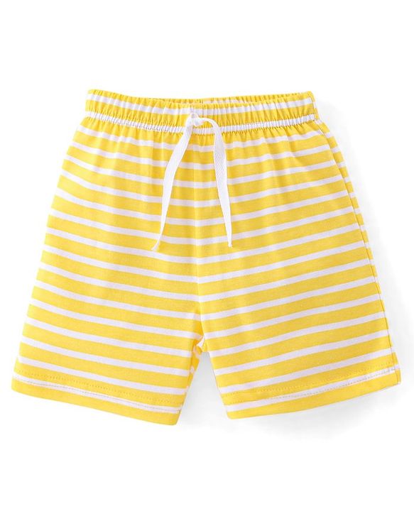 Babyhug Cotton Knit Shorts Stripes & Cars Print - Blue White & Yellow