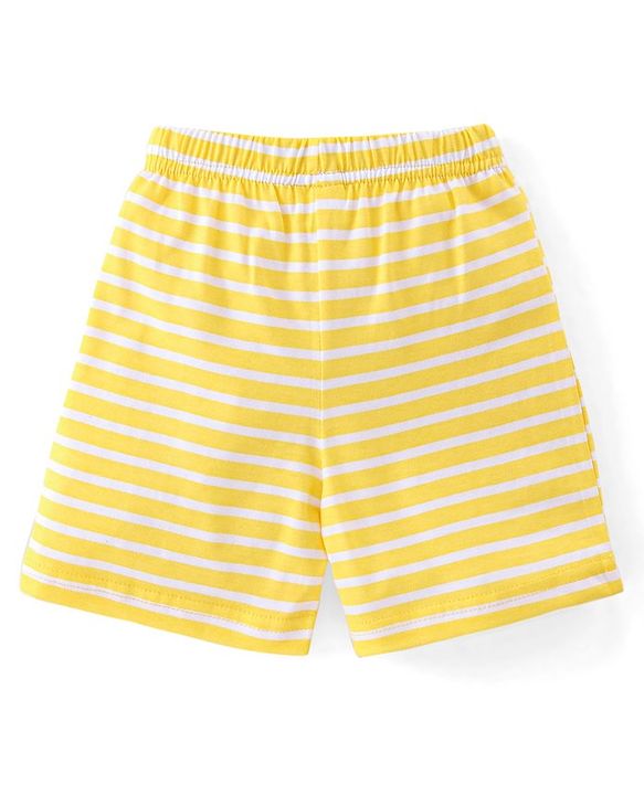Babyhug Cotton Knit Shorts Stripes & Cars Print - Blue White & Yellow
