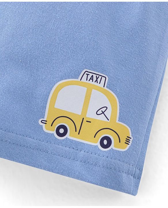 Babyhug Cotton Knit Shorts Stripes & Cars Print - Blue White & Yellow