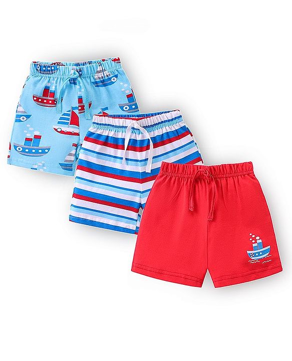 Babyhug Cotton Knit Shorts With Boat Print Pack of 3 - Multicolour