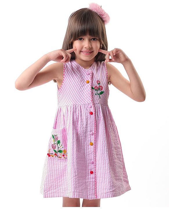 Babyhug Woven Sleeveless Seer Sucker Front Open Striped Frock Floral Embroidery - Pink