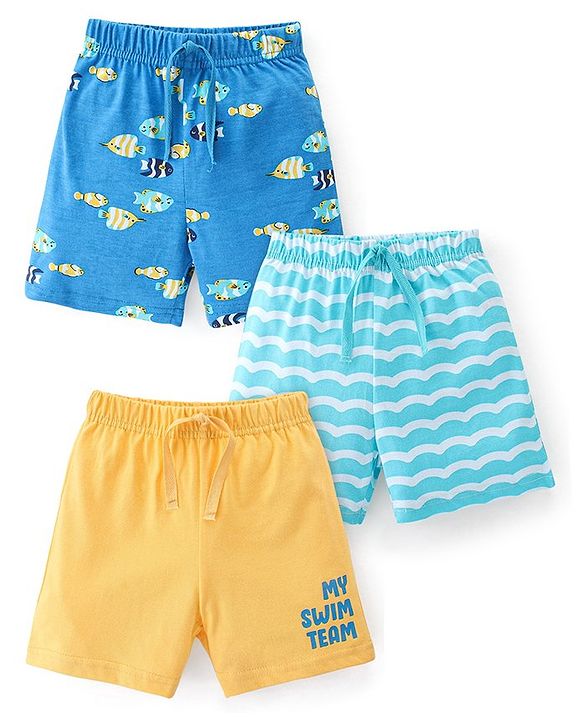 Babyhug Cotton Single Jersey Knit Shorts Fish Print Pack Of 3 - Blue & Yellow