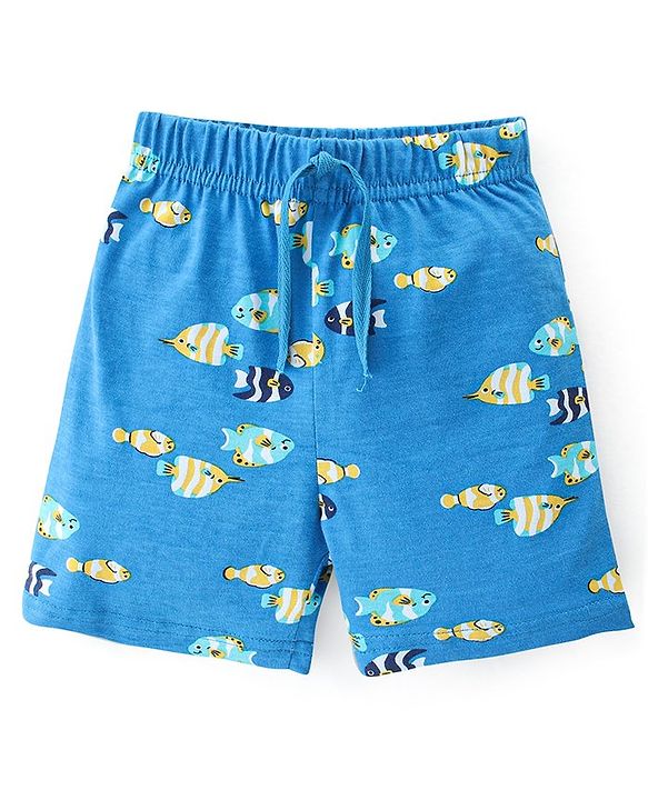 Babyhug Cotton Single Jersey Knit Shorts Fish Print Pack Of 3 - Blue & Yellow