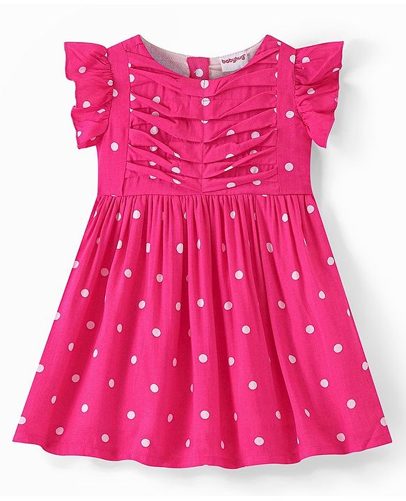 Babyhug Cotton Jersey Knit Frill Sleeveless Frock Polka Dot Print - Fuchsia