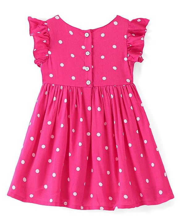 Babyhug Cotton Jersey Knit Frill Sleeveless Frock Polka Dot Print - Fuchsia