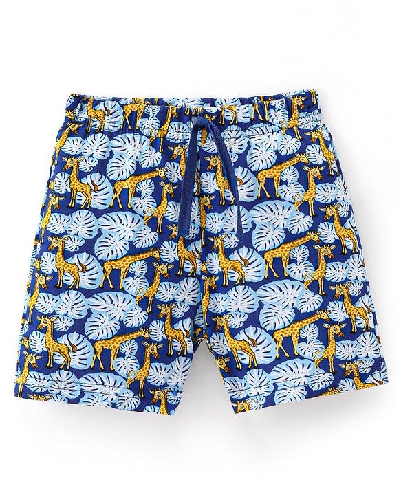 Babyhug Cotton Knit Knee Length Shorts Giraffe Print - Navy