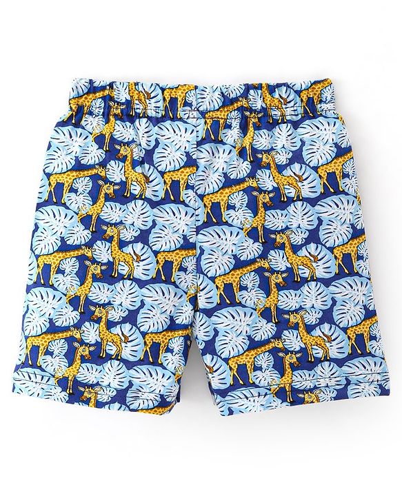 Babyhug Cotton Knit Knee Length Shorts Giraffe Print - Navy