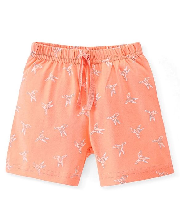 Babyhug Cotton Knit Shorts Paper Plane Print - Orange