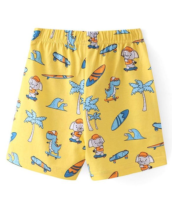 Babyhug Cotton Knit  Shorts With Animal Print - Yellow