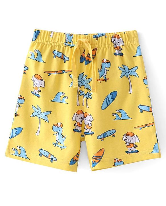 Babyhug Cotton Knit  Shorts With Animal Print - Yellow