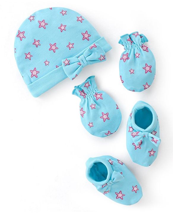 Babyhug 100% Cotton Cap Mittens & Booties Star Print - Blue