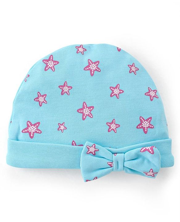 Babyhug 100% Cotton Cap Mittens & Booties Star Print - Blue