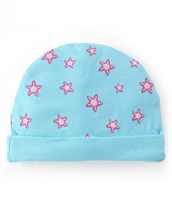 Babyhug 100% Cotton Cap Mittens & Booties Star Print - Blue