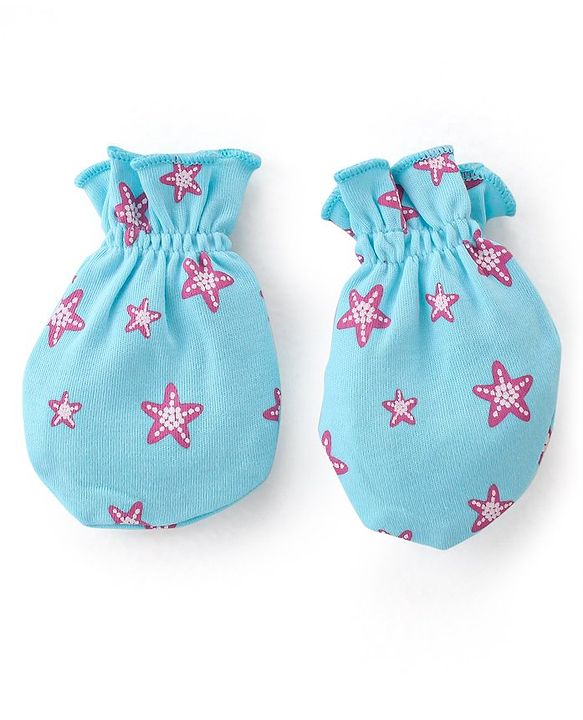 Babyhug 100% Cotton Cap Mittens & Booties Star Print - Blue