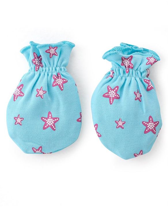 Babyhug 100% Cotton Cap Mittens & Booties Star Print - Blue